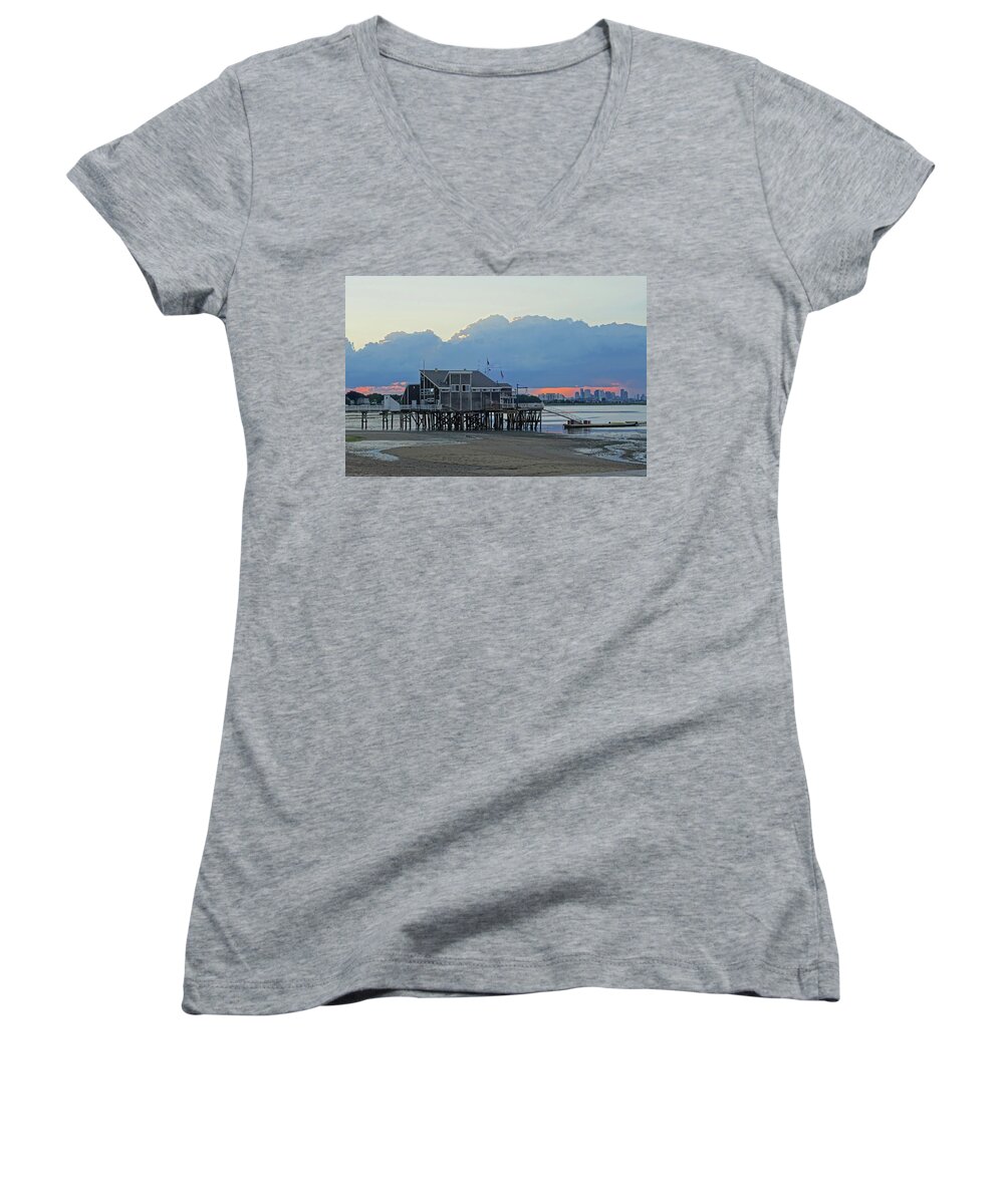 Quincy Women's V-Neck featuring the photograph Wollaston Beach Quincy MA Sunset Boston Skyline Quincy MA by Toby McGuire