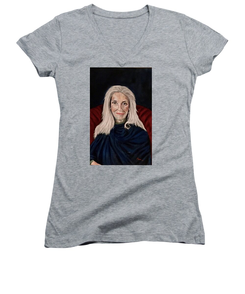 Portrait Women's V-Neck featuring the painting Woman in Red Chair by Bruce Ben Pope