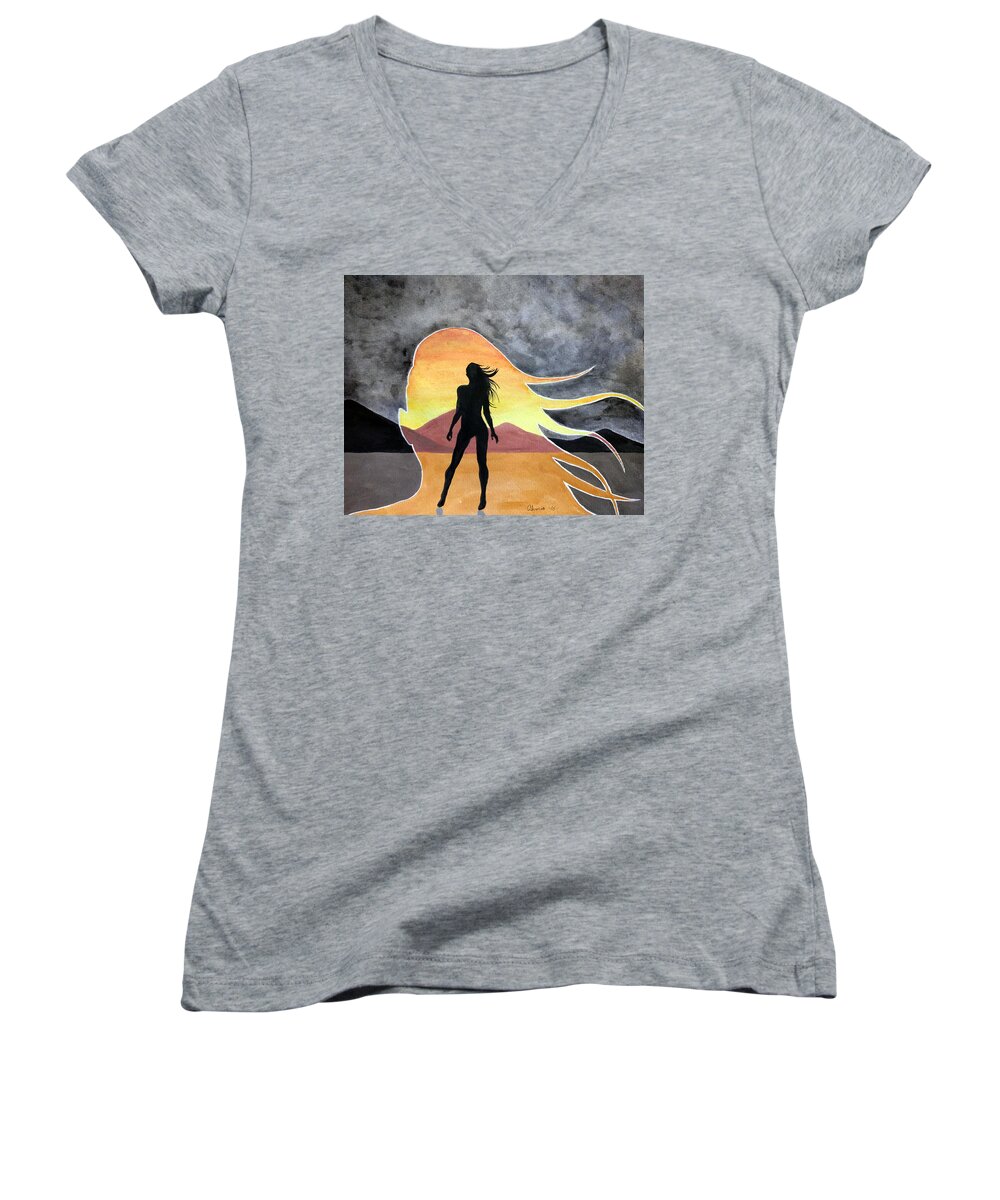 Action Women's V-Neck featuring the painting Woman Silhouette by Edwin Alverio