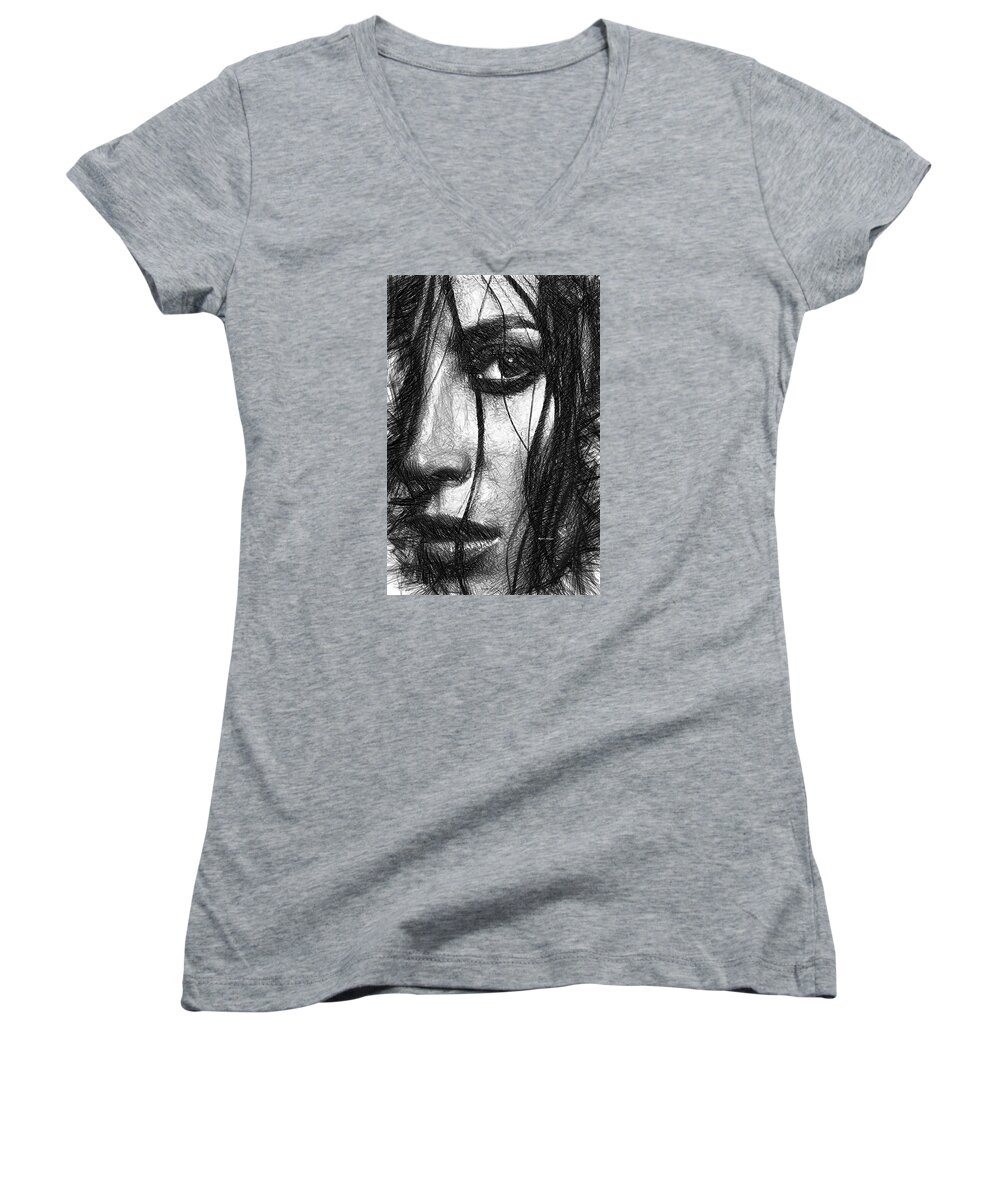 Female Women's V-Neck featuring the digital art Woman Sketch in Black and White by Rafael Salazar