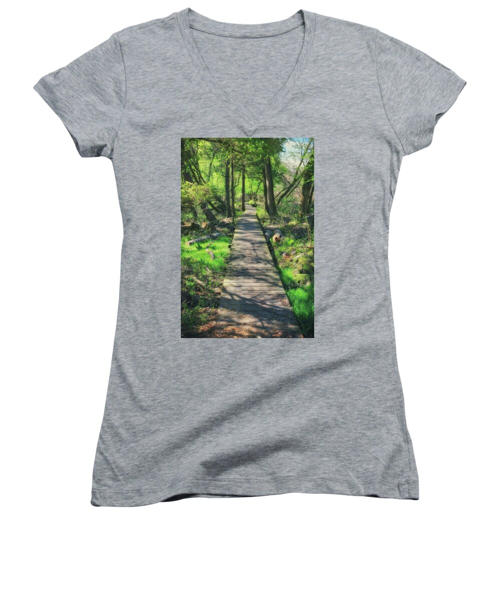 Bridge Women's V-Neck featuring the photograph Wooded Path - Spring at Retzer Nature Center by Jennifer Rondinelli Reilly - Fine Art Photography