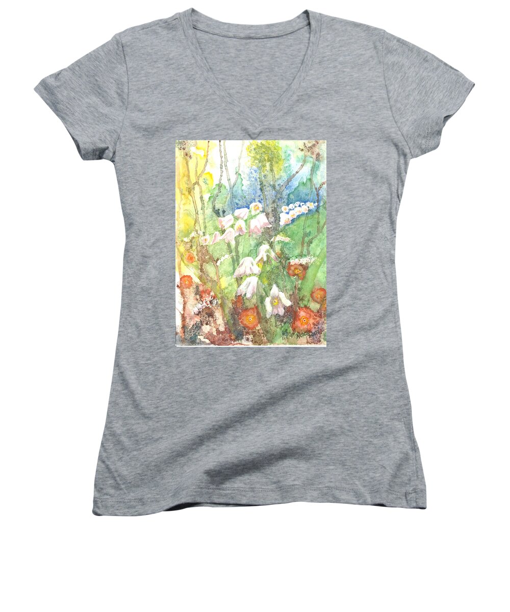 Watercolor Women's V-Neck featuring the painting Woodland Garden by Renate Wesley