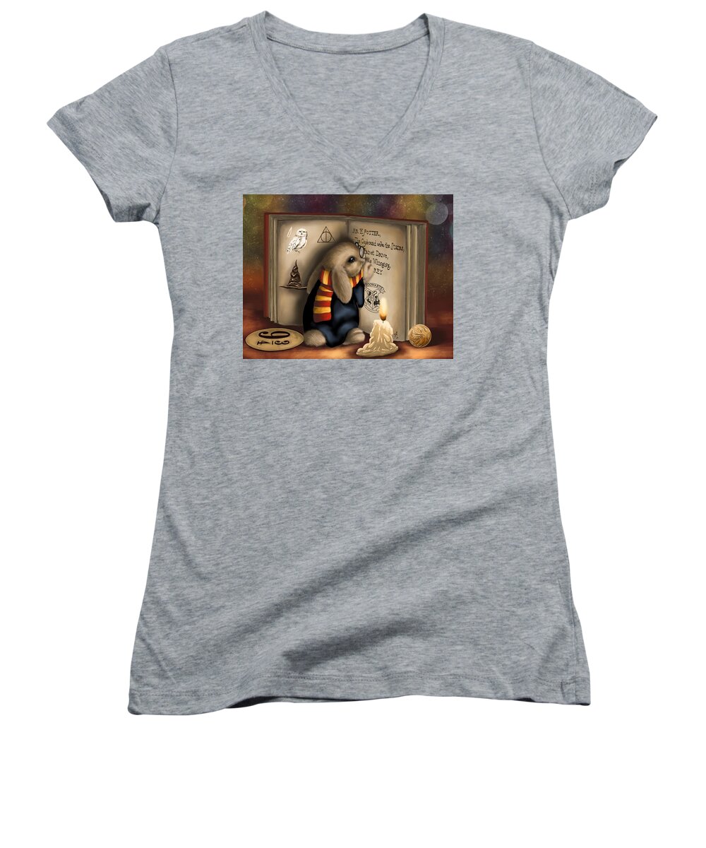 Bunny Women's V-Neck featuring the painting Wow I'm Harry Potter by Veronica Minozzi