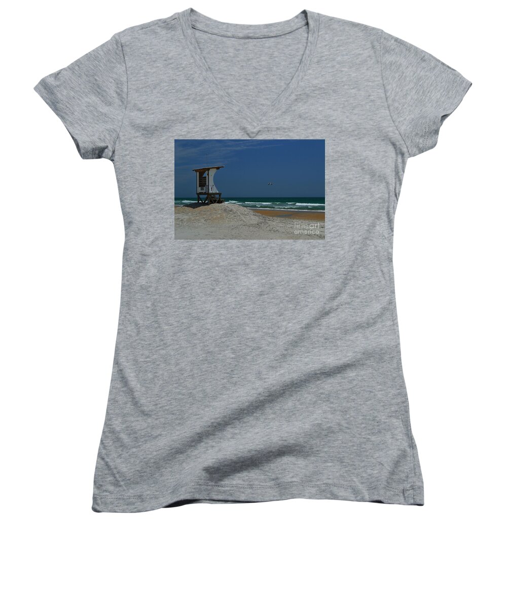 Wrightsville Beach Women's V-Neck featuring the photograph Wrightsville Beach Lifeguard No 1 by Amy Lucid