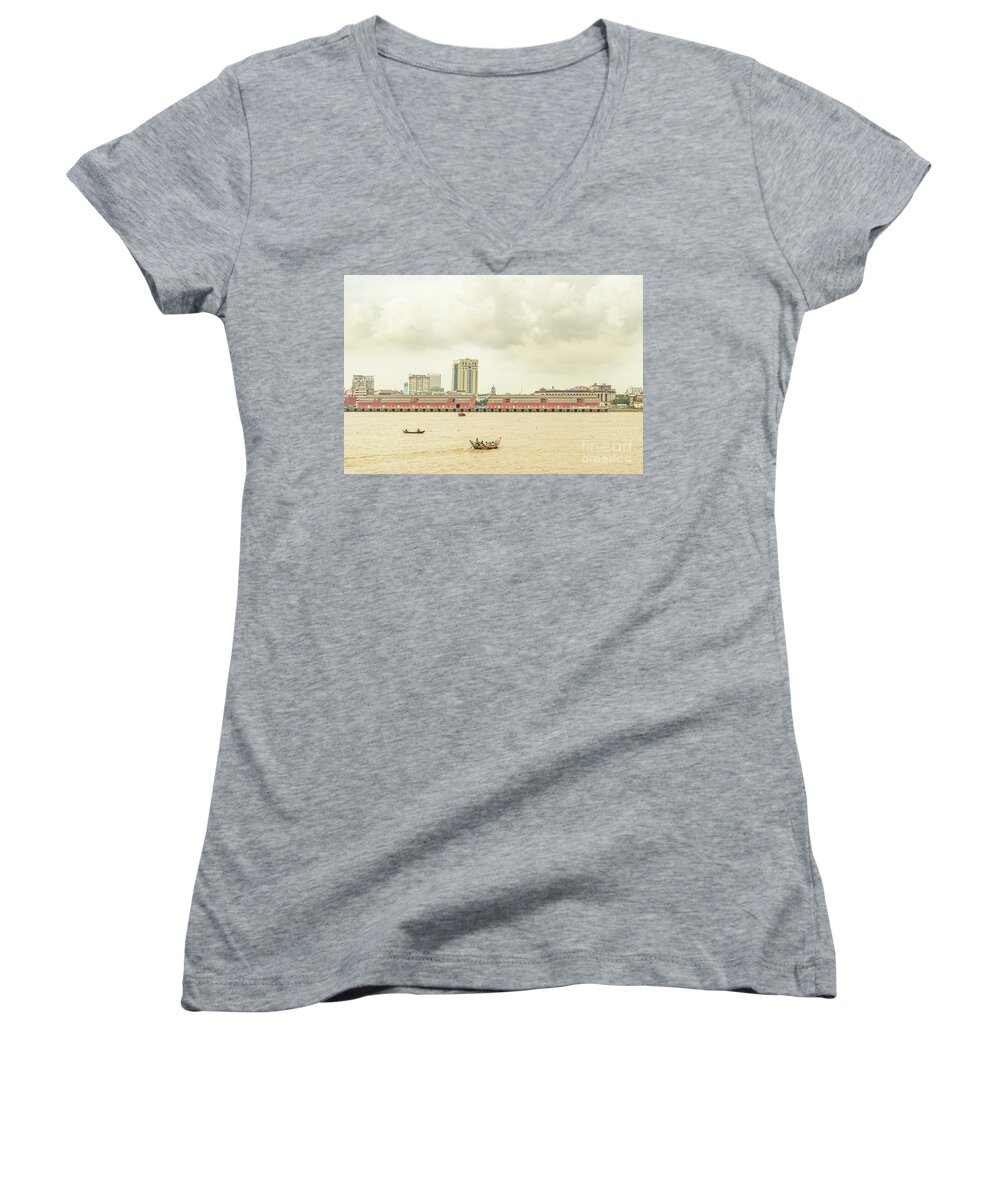  Harbor Women's V-Neck featuring the photograph Yangon Waterfront 1 by Werner Padarin