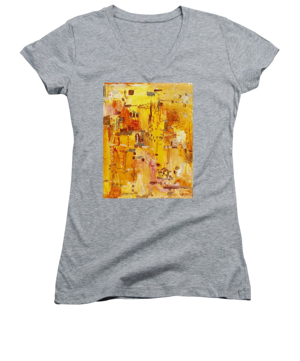 Landscape Women's V-Neck featuring the painting Yellow Conundrum by Regina Valluzzi