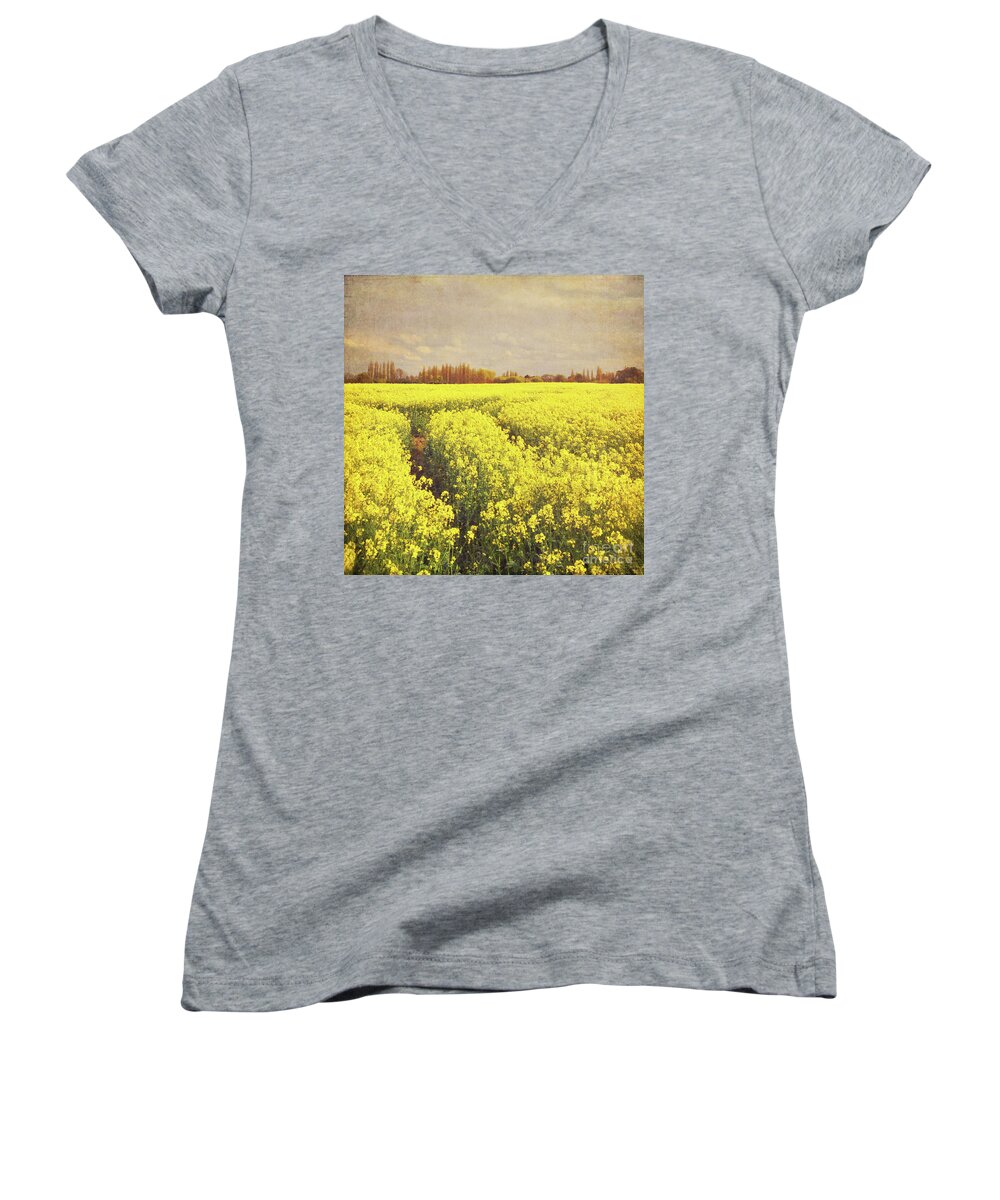Yellow Women's V-Neck featuring the photograph Yellow Field by Lyn Randle