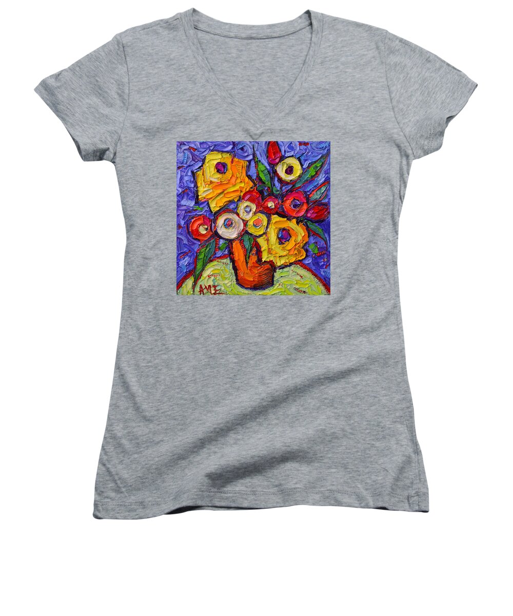 Rose Women's V-Neck featuring the painting YELLOW ROSES AND WILDFLOWERS abstract impressionist impasto knife oil painting by ANA MARIA EDULESCU by Ana Maria Edulescu