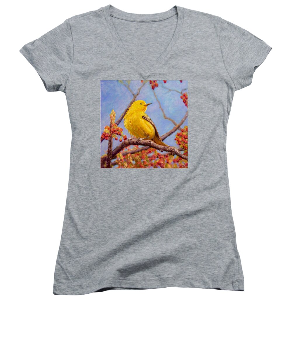 Birds Women's V-Neck featuring the painting Yellow Warbler by Joe Bergholm