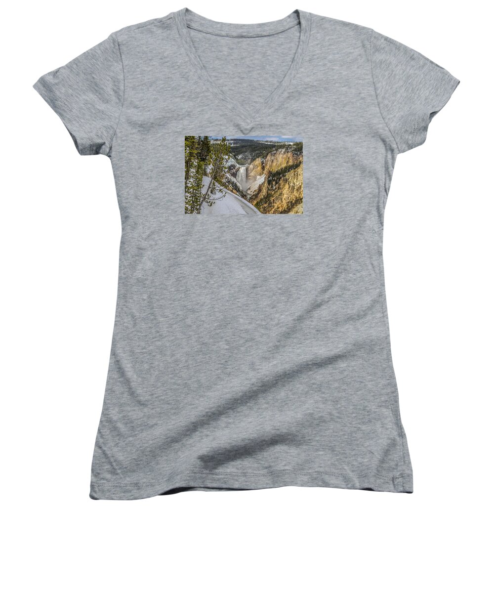 Lower Yellowstone Falls Women's V-Neck featuring the photograph Yellowstone Falls In Winter Snow by Yeates Photography
