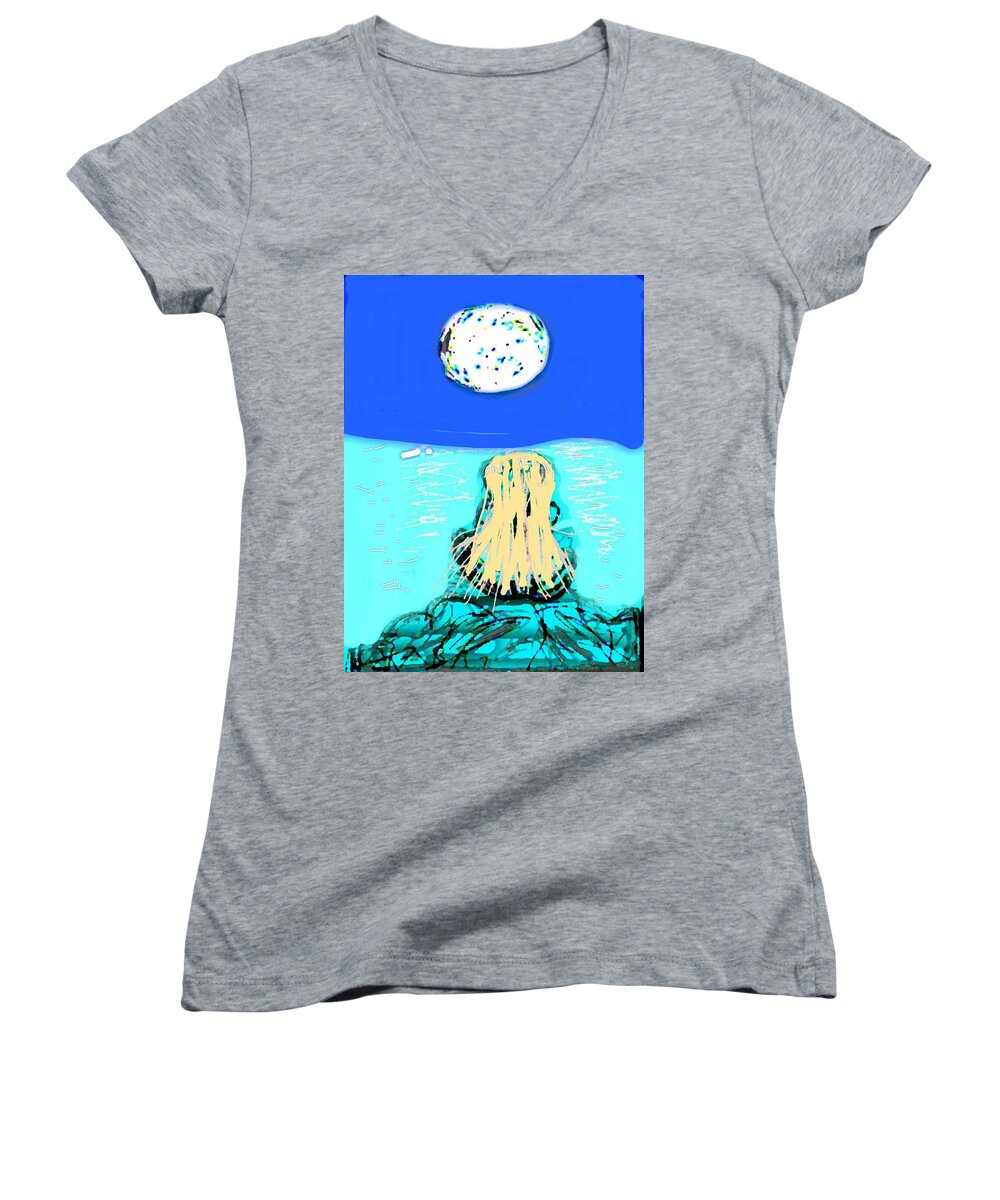 Yoga Women's V-Neck featuring the digital art Yoga by the Sea Under the Moon by Kathy Barney