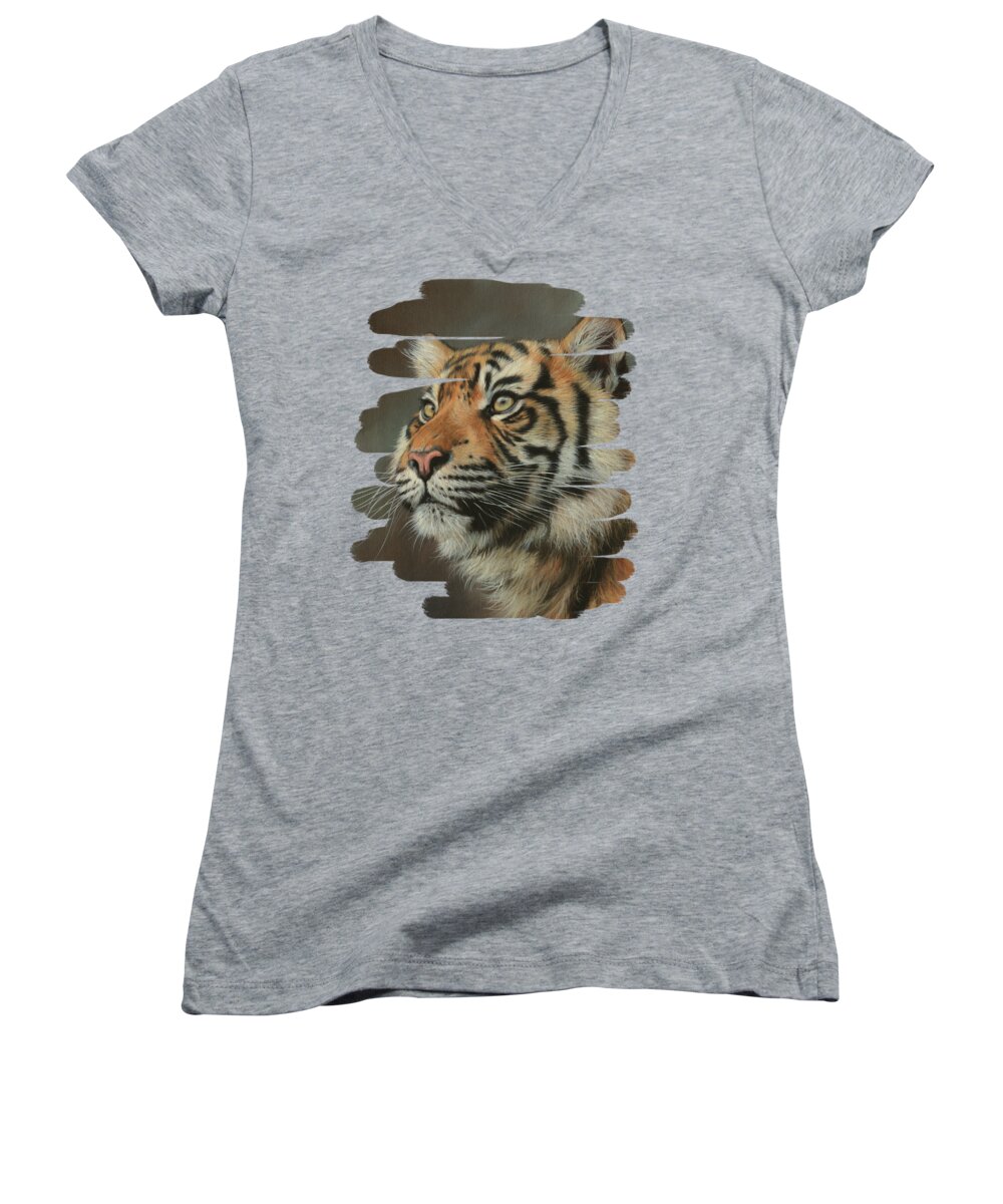 Tiger Women's V-Neck featuring the painting Young Sumatran Tiger Portrait by David Stribbling