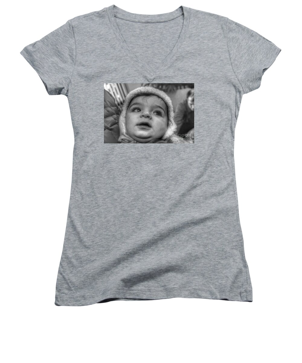 Baby Women's V-Neck featuring the photograph Youth in a Fleece Lined Cap by Christopher Lotito