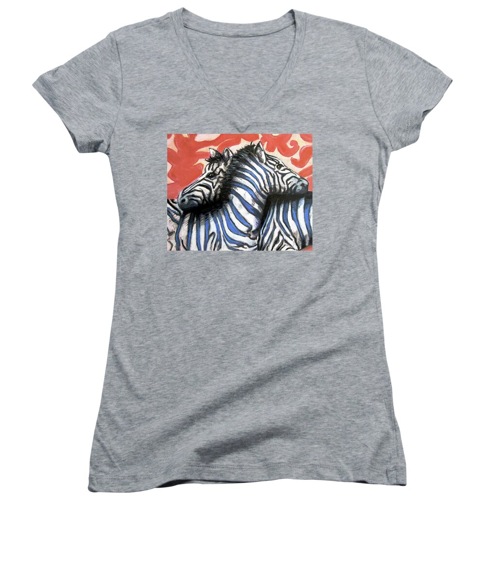 Zebra Stripes Women's V-Neck featuring the painting Zebra In Love by Rene Capone
