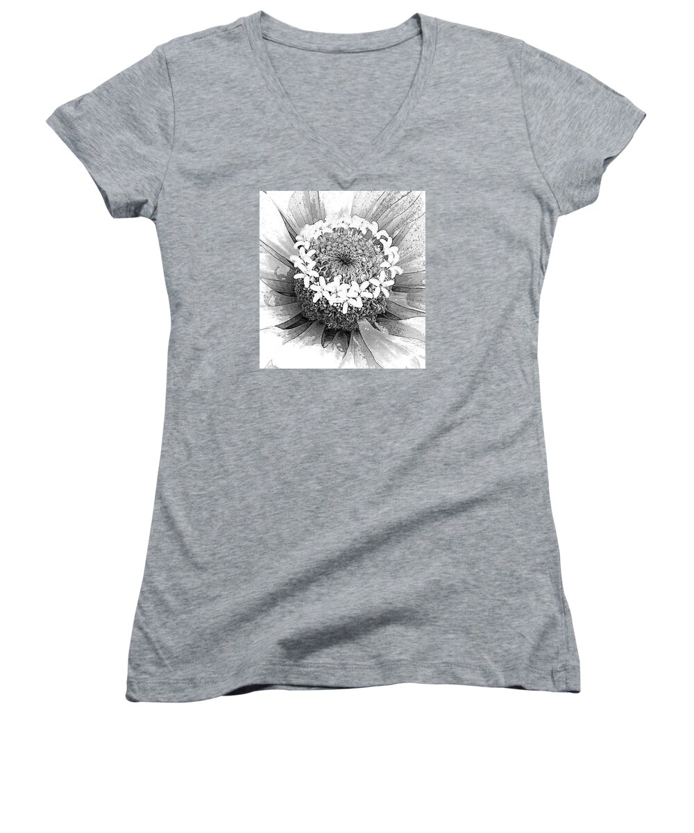Zinnia Women's V-Neck featuring the photograph Zinnia, Black and White by Jeanette French