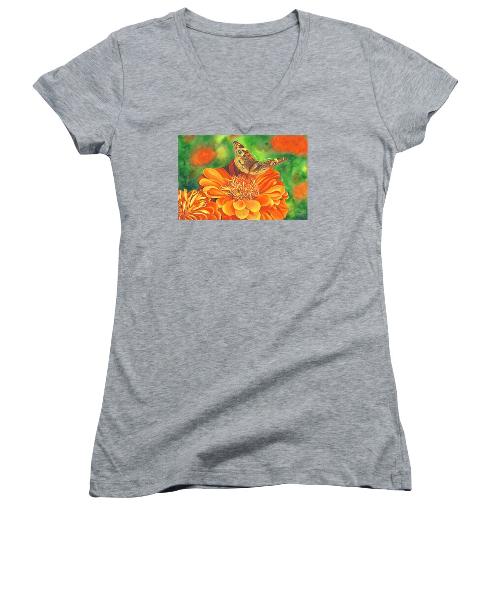 Zinnia With Butterfly Women's V-Neck featuring the painting Zinnia Runway by Lori Taylor