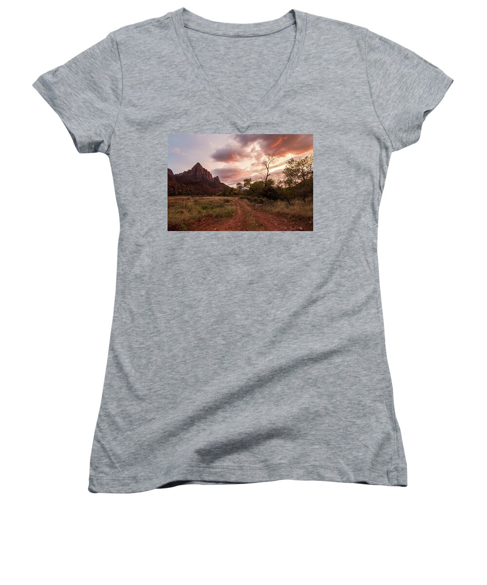 Zion Women's V-Neck featuring the photograph Zion Sunset by Wesley Aston