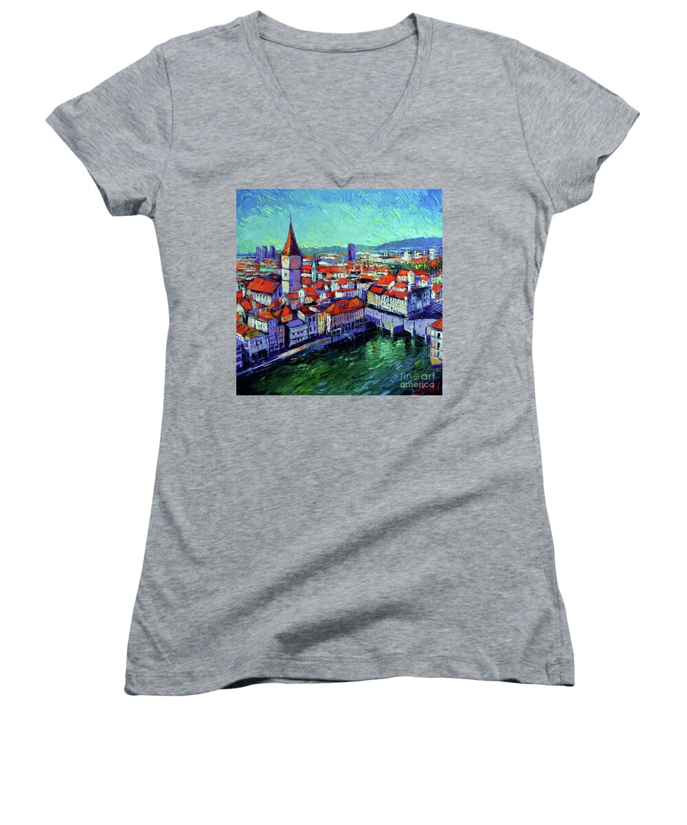 Zurich View Women's V-Neck featuring the painting Zurich View by Mona Edulesco