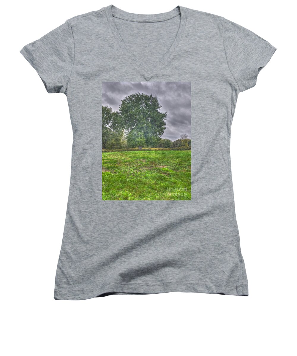 Tree Women's V-Neck featuring the photograph Blacklick Circle Earthwork #1 by Jeremy Lankford