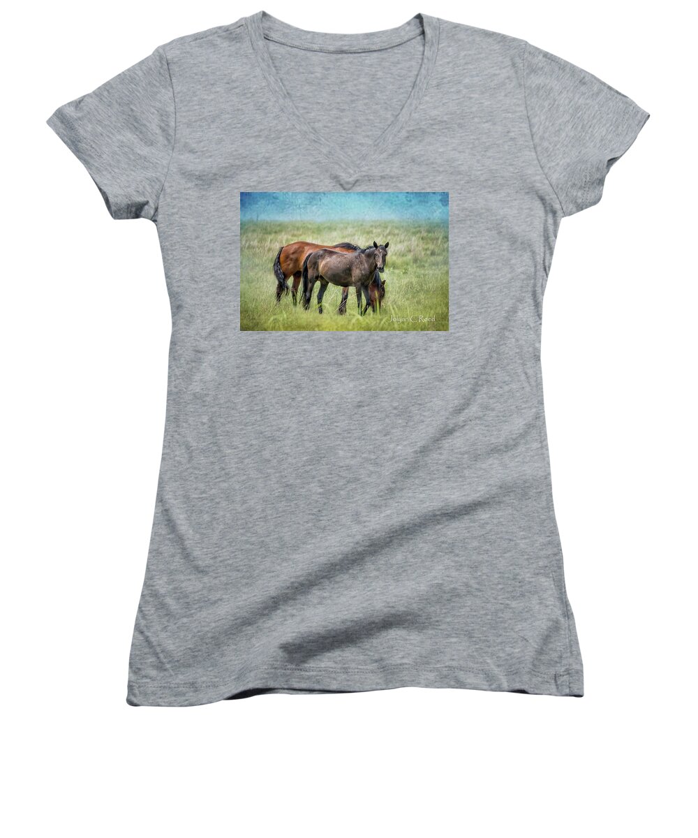  Women's V-Neck featuring the photograph Osage Horses #2 by Jolynn Reed