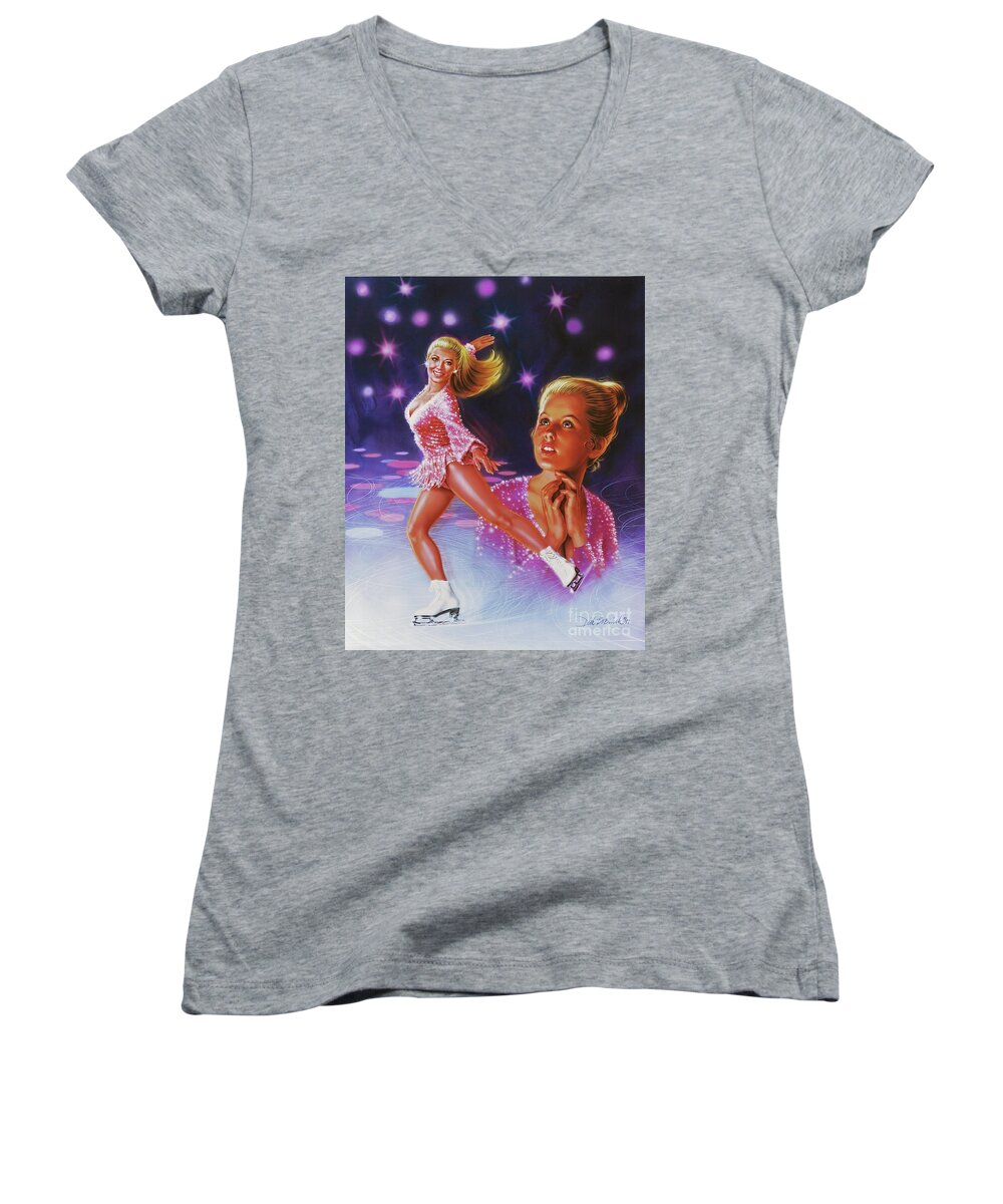 Sports Women's V-Neck featuring the painting Skaters Dream by Dick Bobnick