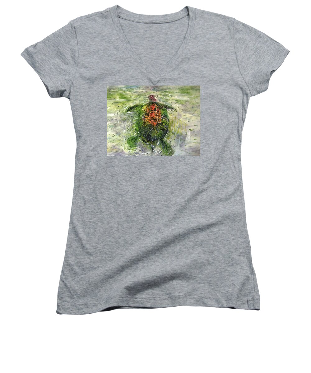 Watercolor Women's V-Neck featuring the painting Turtle #1 by Jeremy Robinson