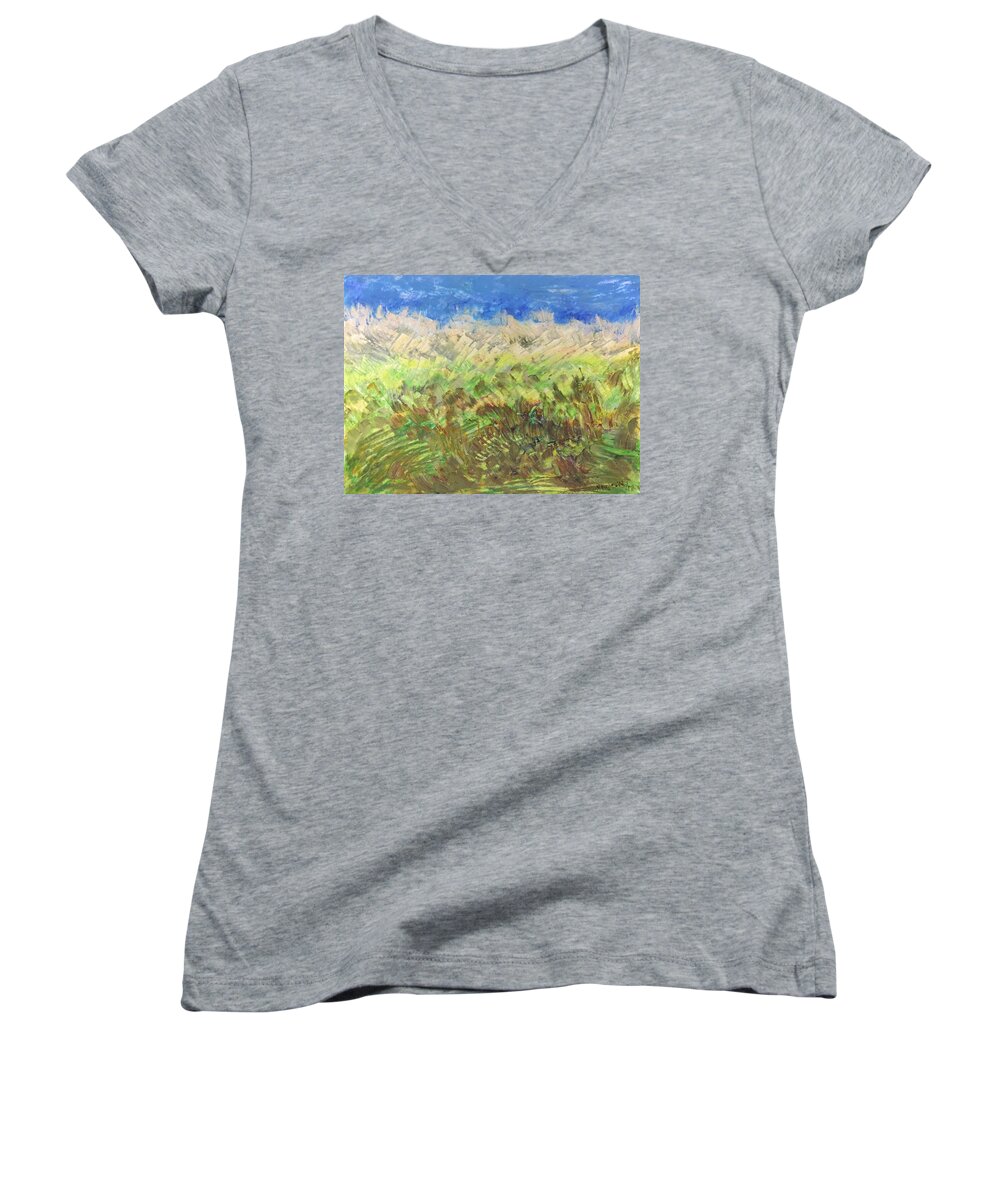 Landscape Women's V-Neck featuring the painting Windy fields #1 by Norma Duch