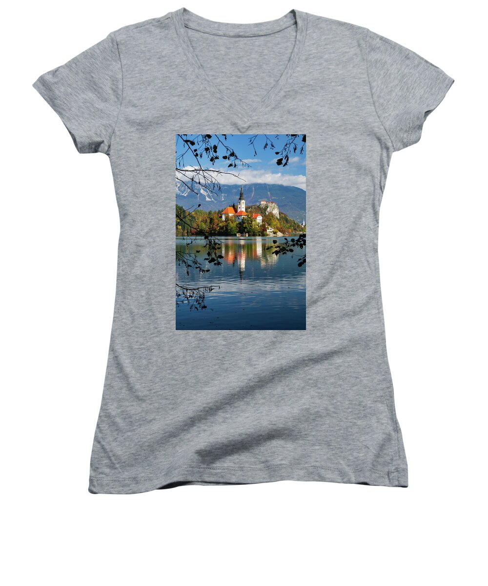 Bled Women's V-Neck featuring the photograph Autumn colours at Lake Bled #2 by Ian Middleton
