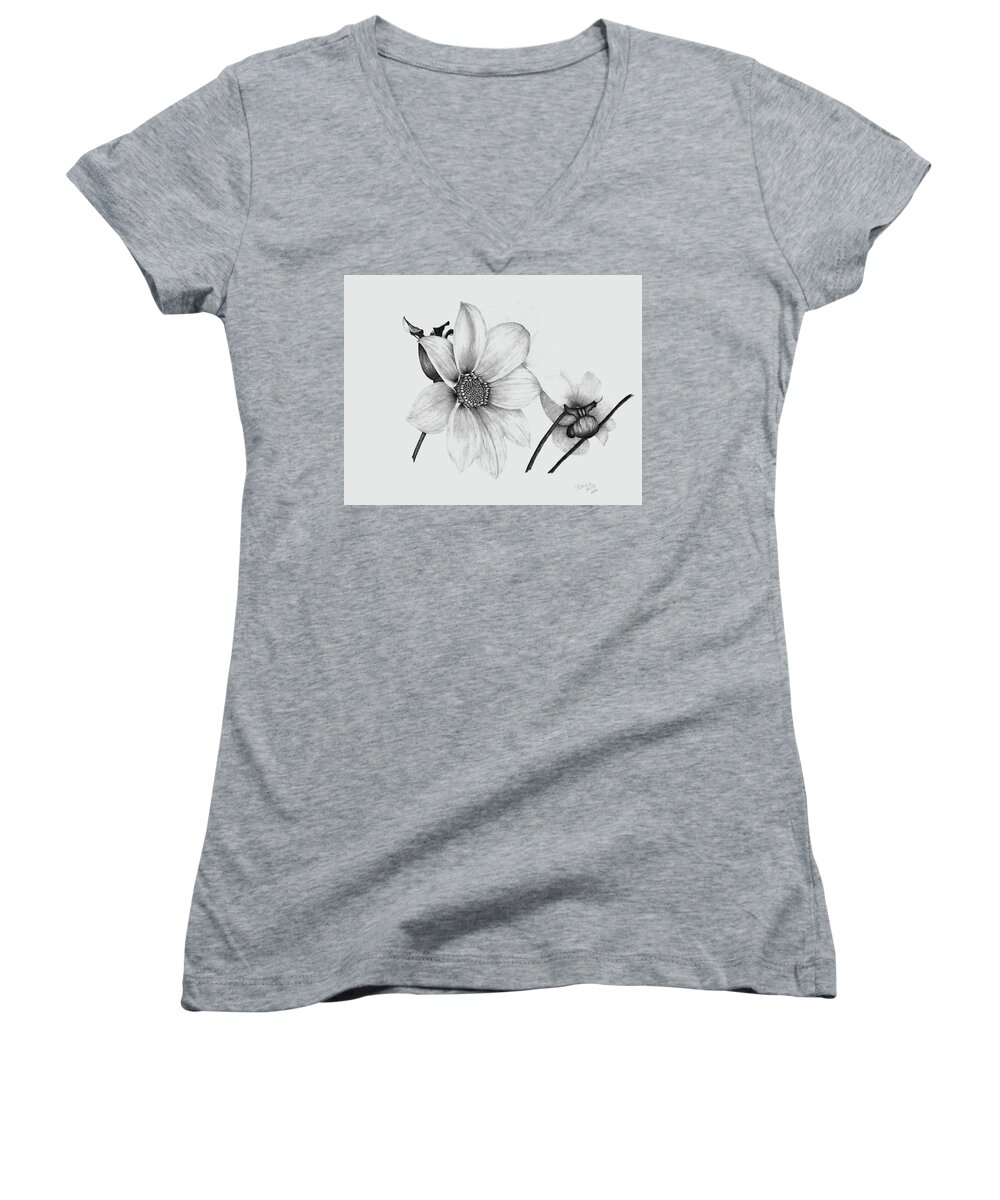 Flower Women's V-Neck featuring the drawing A Dahlia's Beauty by Patricia Hiltz