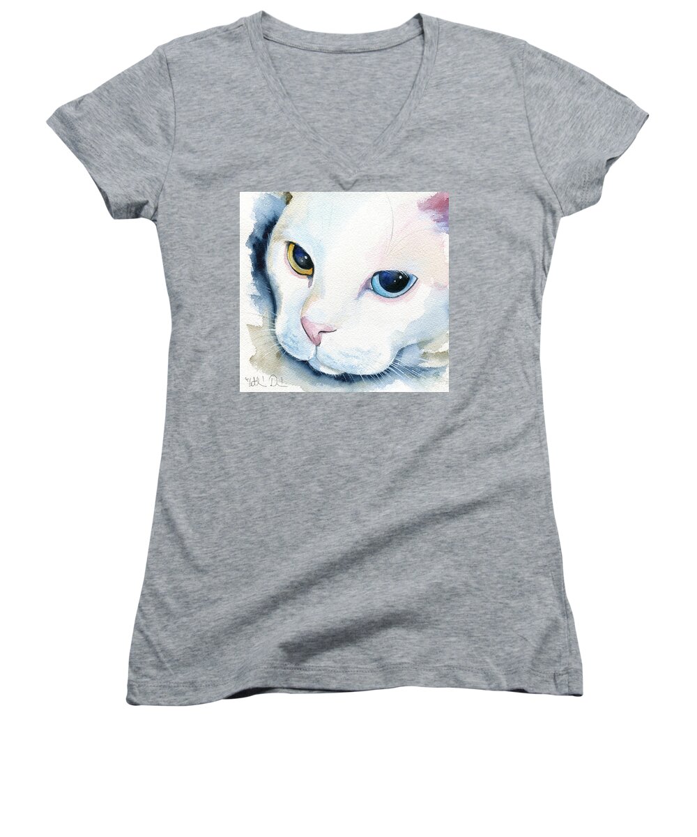 Adele Women's V-Neck featuring the painting Adele - White Cat Portrait by Dora Hathazi Mendes