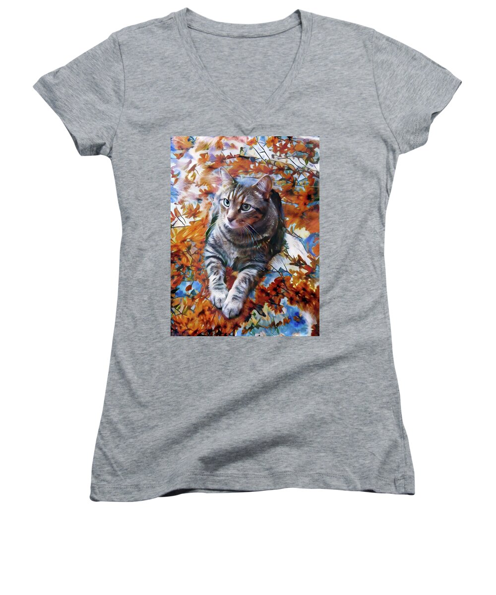 Tabby Cat Women's V-Neck featuring the digital art Amos in Flowers by Peggy Collins