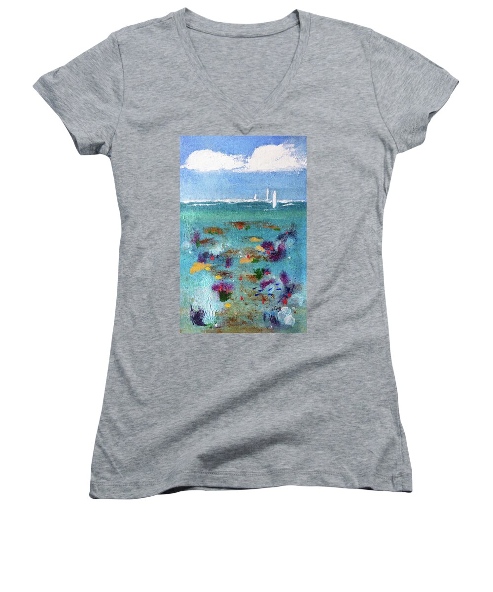 Abstract Women's V-Neck featuring the painting Another World VII In the Shallows by Sharon Williams Eng