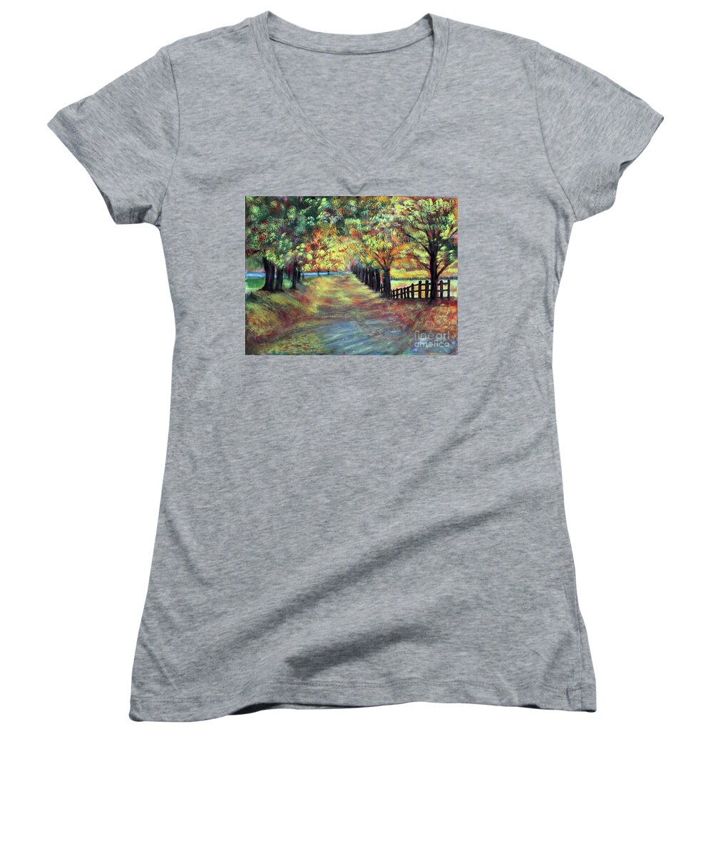 Landscape Women's V-Neck featuring the painting Autumn Impressions by Lyric Lucas