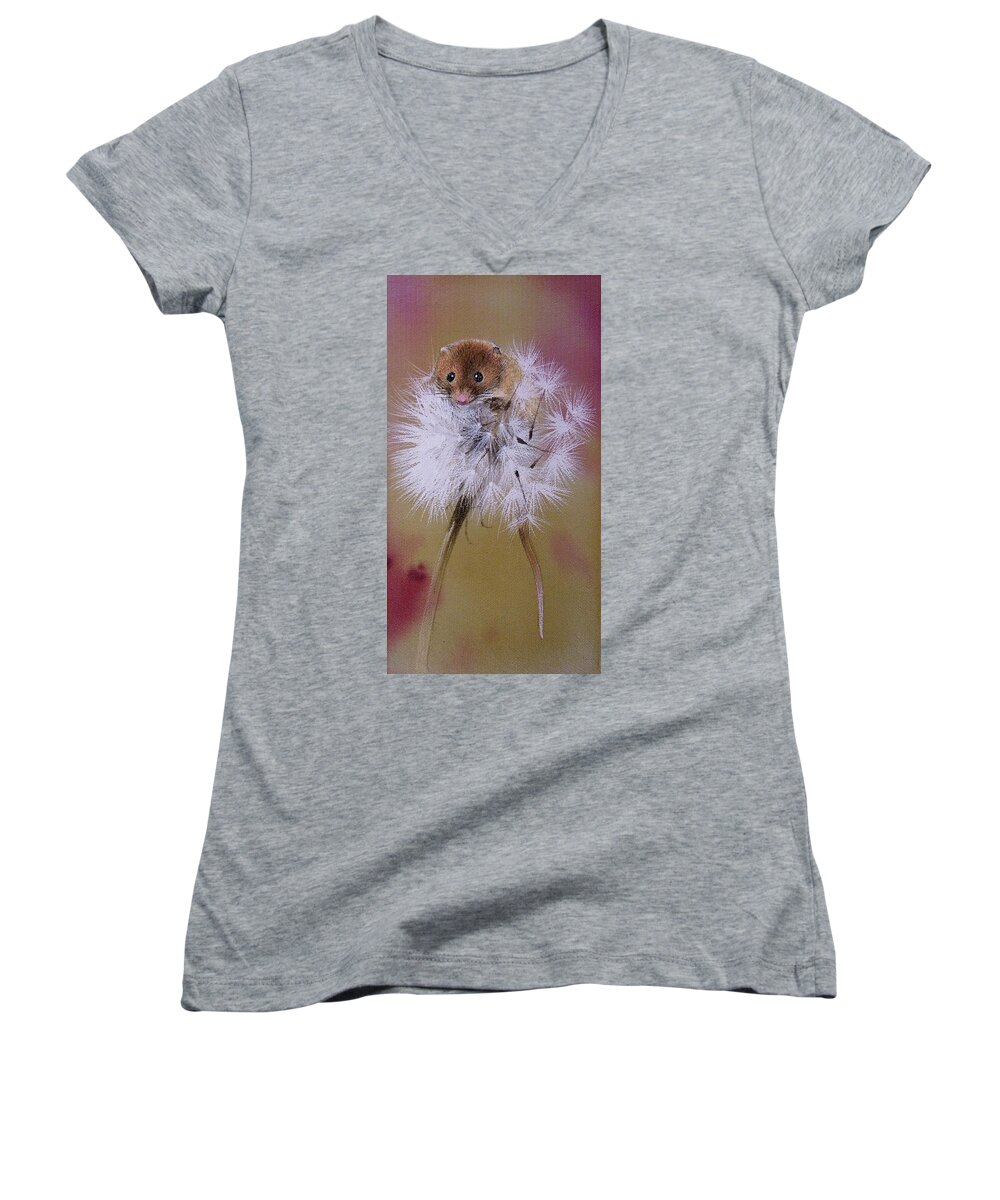 Russian Artists New Wave Women's V-Neck featuring the painting Baby Mouse on Dandelion by Alina Oseeva