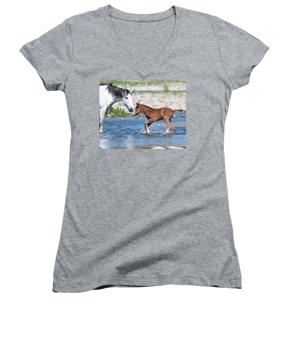 Wild Horses Women's V-Neck featuring the photograph Baby's first river trip by Mary Hone