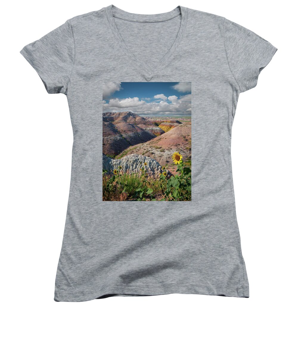 Landscape Women's V-Neck featuring the photograph Badlands Sunflower - Vertical by Patti Deters
