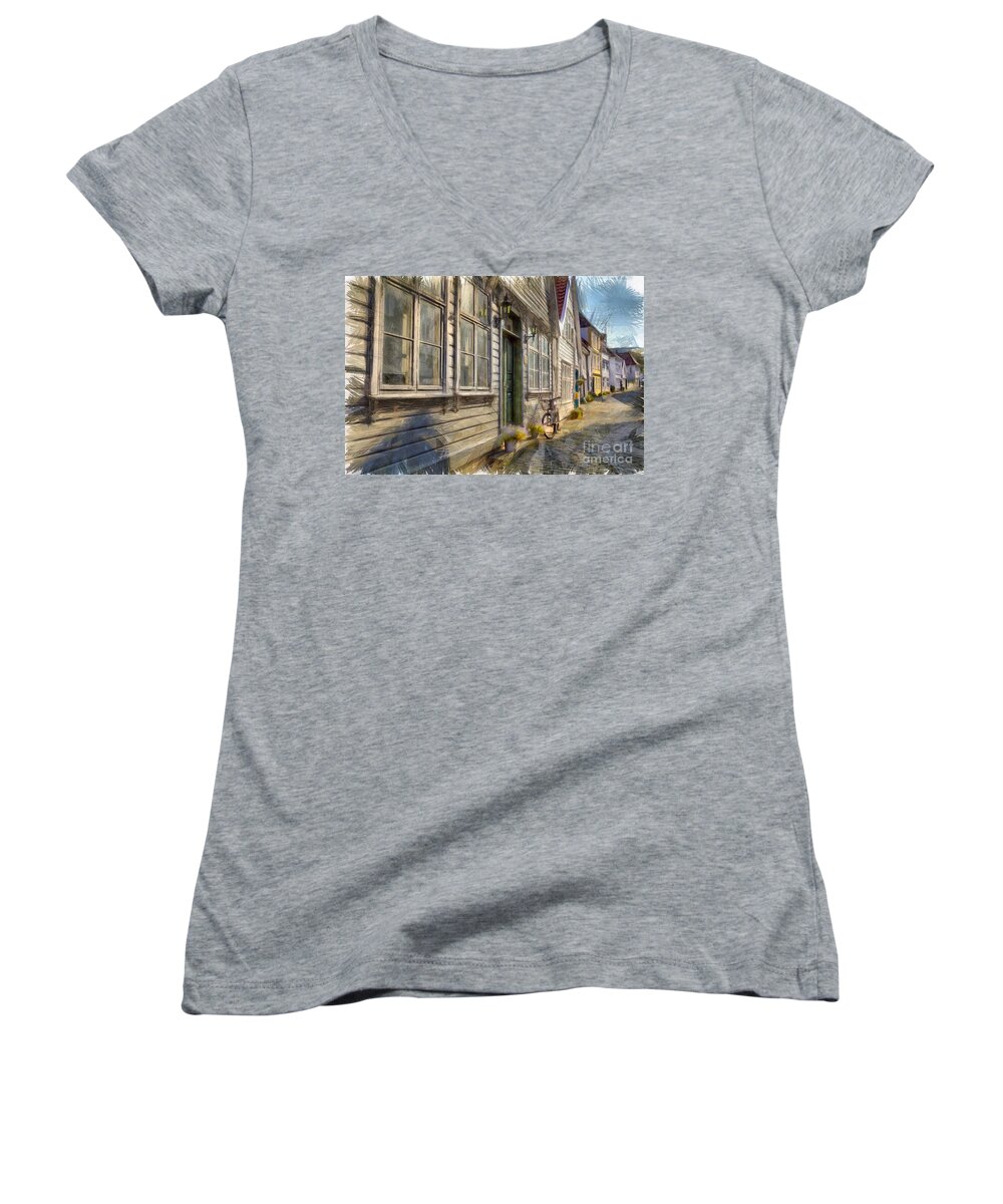 Old Houses Women's V-Neck featuring the digital art Beautiful Old Bergen by Eva Lechner