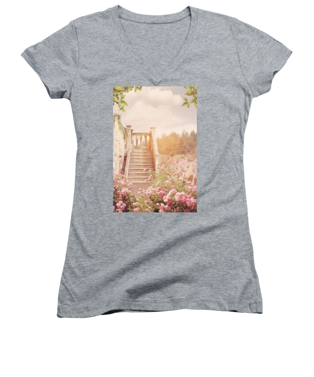 Beautiful; Floral; Flowers; Beauty; Vintage; Country; Cottage; Garden; Staircase; Steps; Outside; Colour; Color; Bright; Old Fashioned; Roses; Rose; Live; Estate; Grounds Women's V-Neck featuring the photograph Beautiful Old Fashioned, Floral Staircase In Country Garden Grounds by Ethiriel Photography