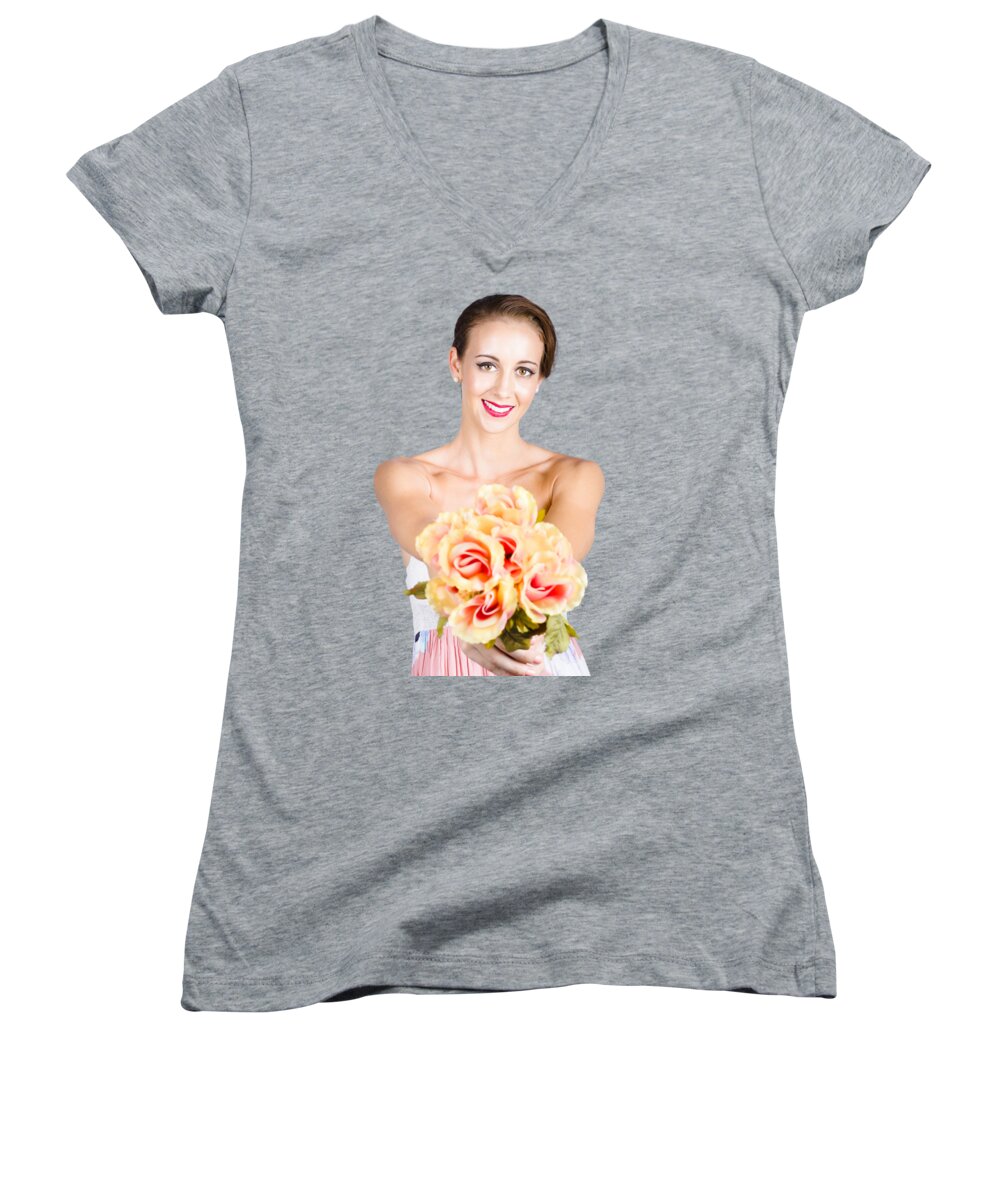 Florist Women's V-Neck featuring the photograph Beautiful woman holding florist flowers by Jorgo Photography