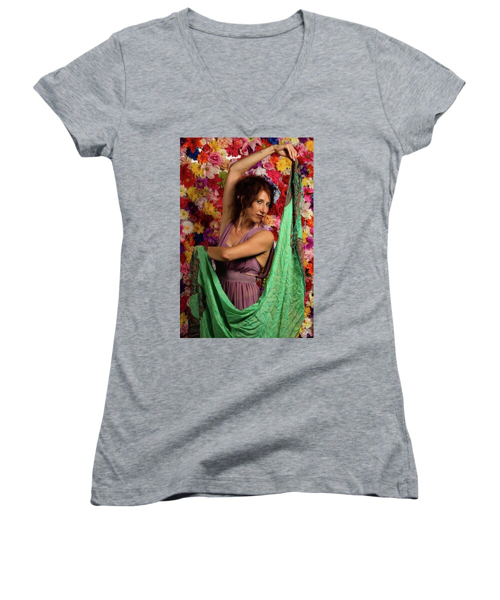 Fashion Women's V-Neck featuring the photograph Beautiful Woman Surrounded by Flowers by Dennis Dame