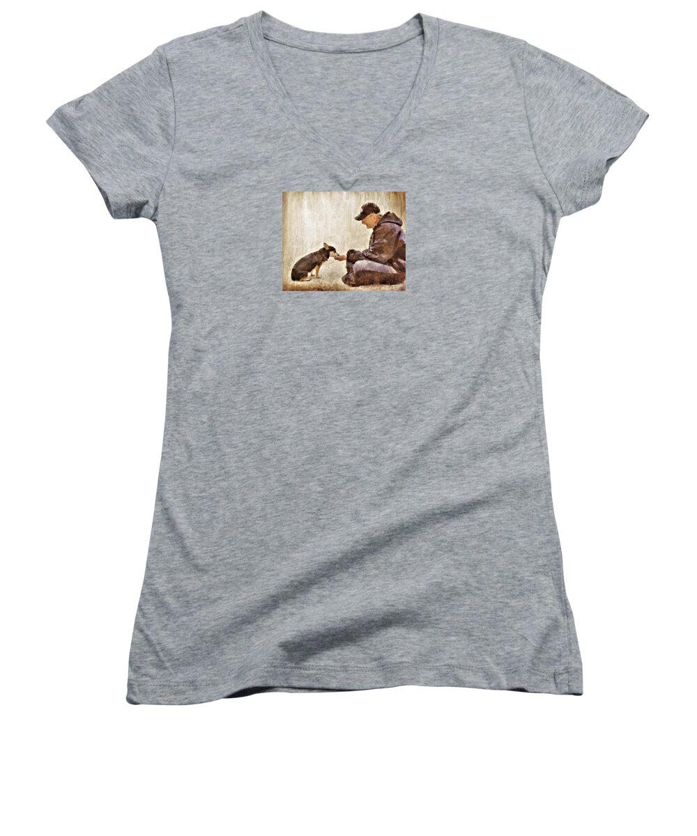 Dog Women's V-Neck featuring the painting Becoming Friends by Diane Chandler