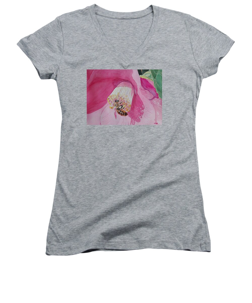 Bee Women's V-Neck featuring the painting Bee and Camelia by Sandie Croft