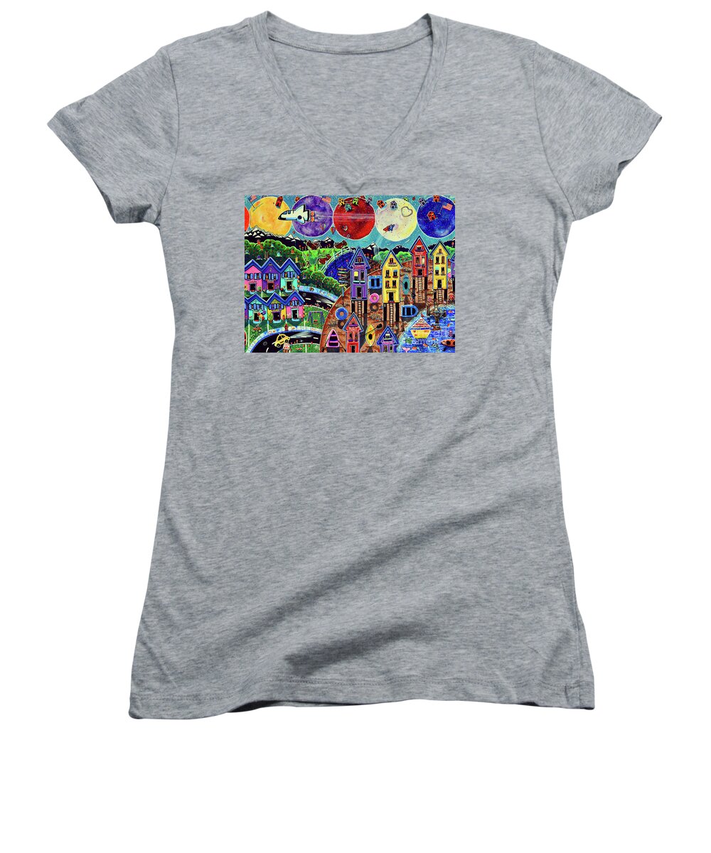 World Women's V-Neck featuring the painting World Life Is Fun Space Shuttle Moon Planets Beach Homes Texas Longhorn Jackie Carpenter Fish Hero by Jackie Carpenter