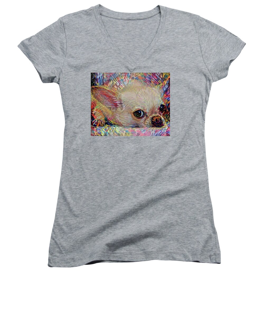 Chihuahua Women's V-Neck featuring the mixed media Bitsy the Chihuahua by Peggy Collins