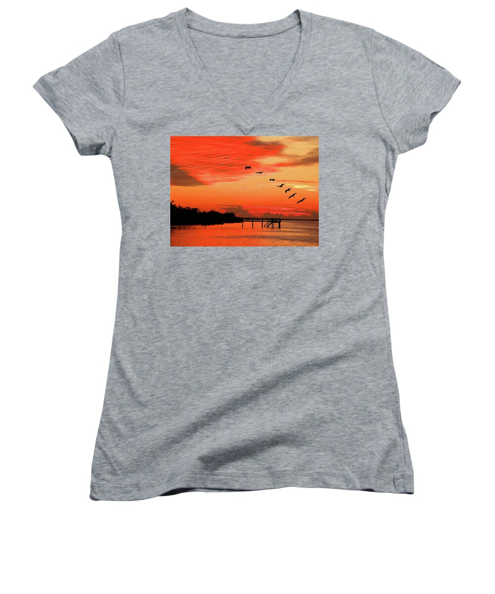 Sunset Women's V-Neck featuring the photograph Blazing Sunset by Rosalie Scanlon