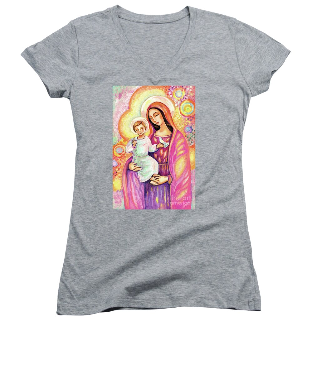 Mother And Child Women's V-Neck featuring the painting Blessing from Light by Eva Campbell