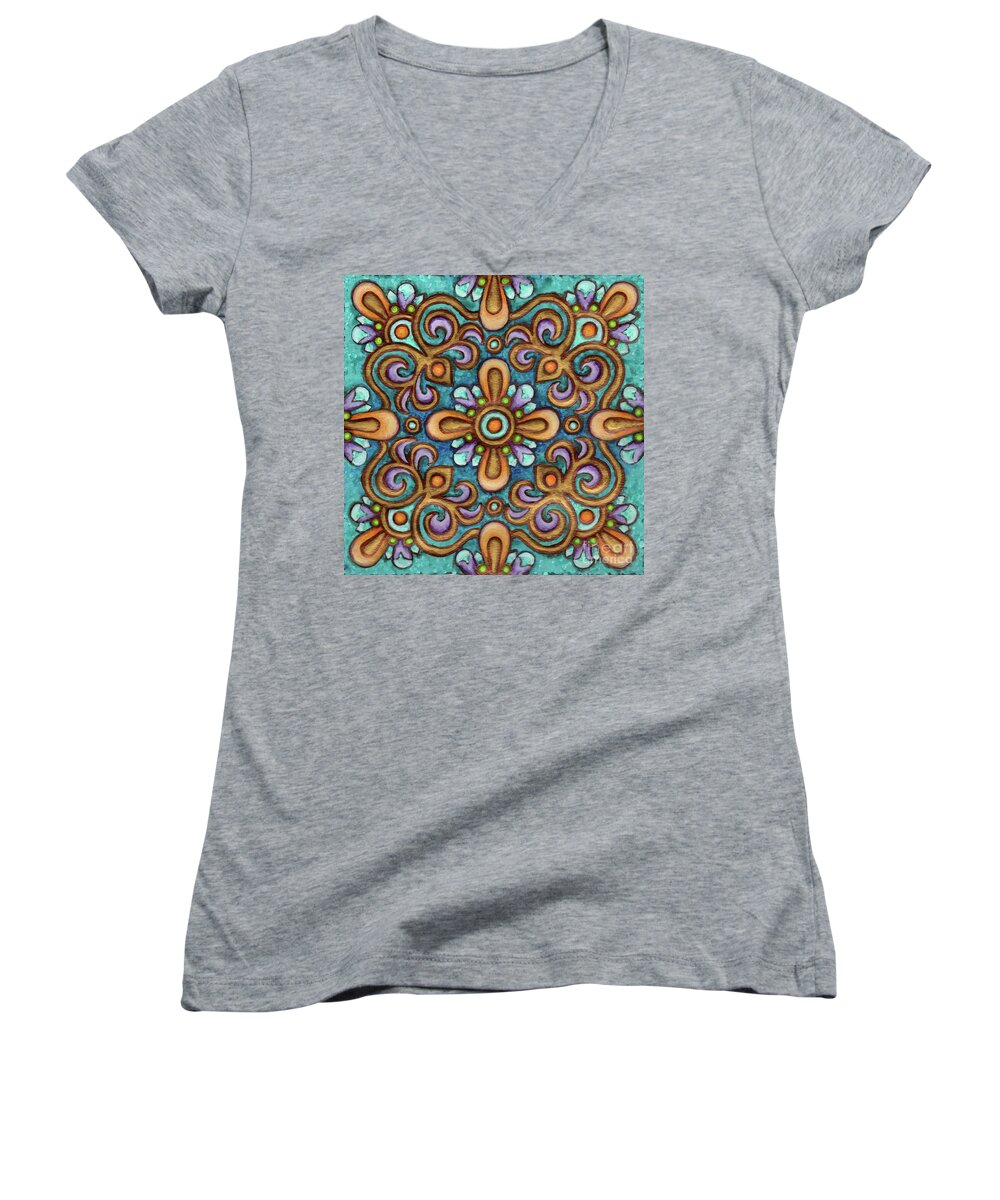 Ornamental Women's V-Neck featuring the painting Botanical Mandala 7 by Amy E Fraser