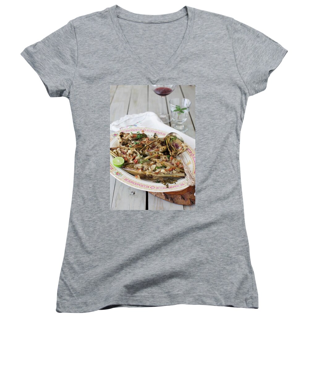 Ip_11240411 Women's V-Neck featuring the photograph Braised Artichokes With Onions & Bacon by Yelena Strokin