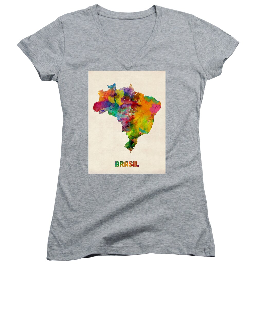 Brazil Women's V-Neck featuring the digital art Brazil Watercolor Map Custom Heart by Michael Tompsett