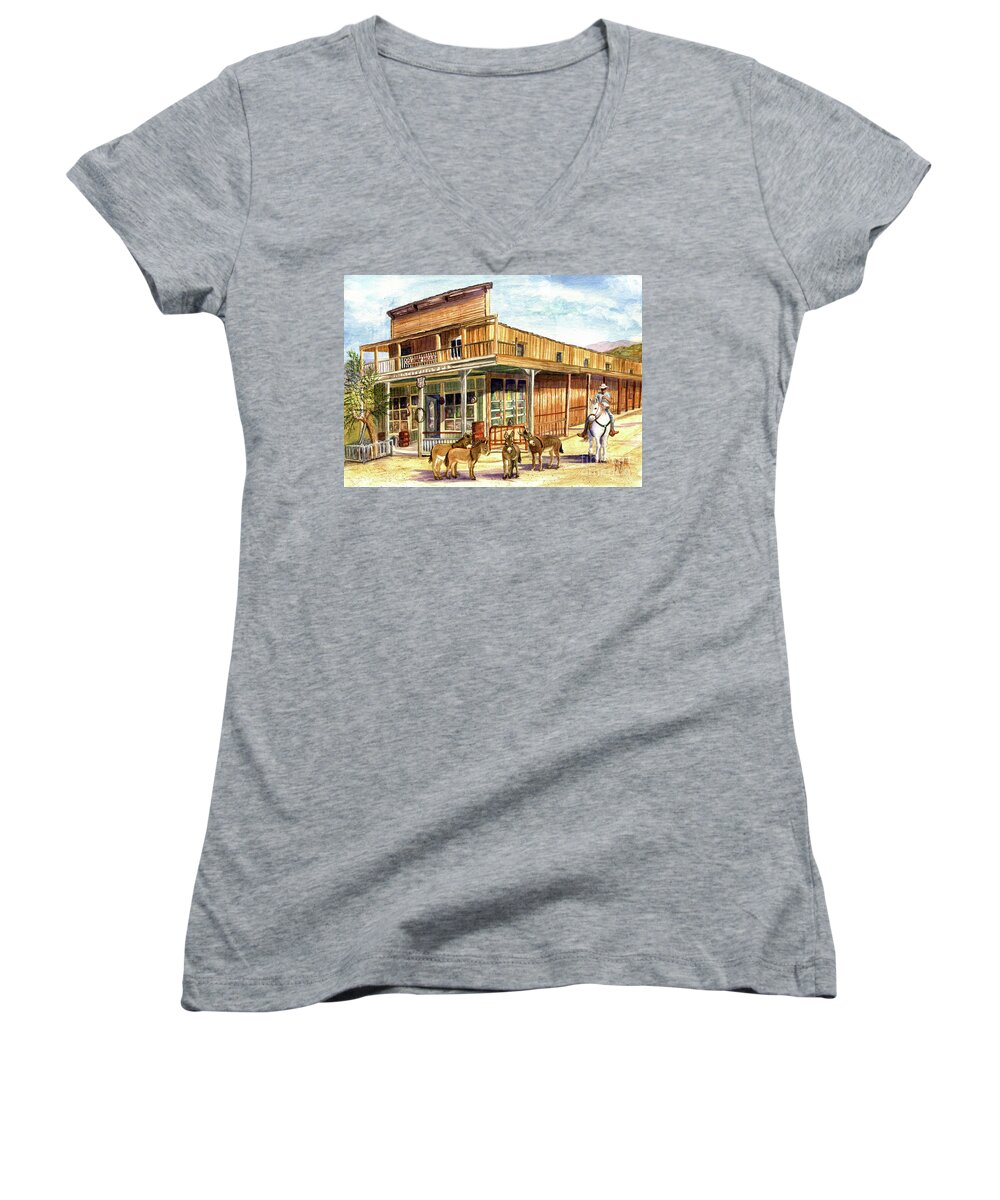 Oatman Women's V-Neck featuring the painting Burros Are Back In Town by Marilyn Smith